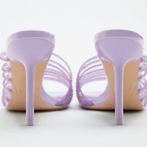 Zara Vinyl Purple Mauve Rhinestone Squared Toe High Heels Sandals Shoes - Picture 8 of 11